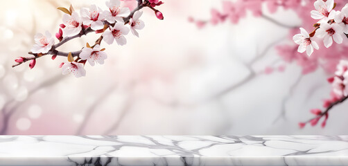 White marble stone table top with Sakura on blur bokeh background. Blank space for beauty product display. For display or montage you products. generative AI