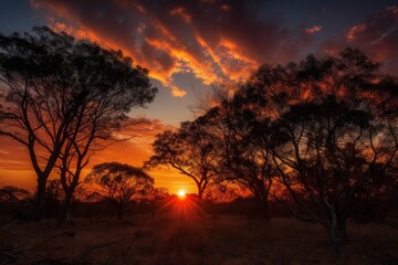 Wall Mural - A beautiful sunset behind a serene forest landscape