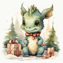 Cute Baby Dragon With Christmas Gifts. Watercolor Illustration.