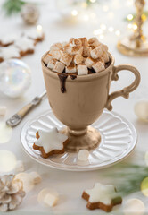 Fototapete - Cup of hot chocolate with marshmallow, cookies and cinnamon on festive table. Tradition Christmas winter sweet drink.