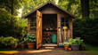 Gardening tools storage shed in the house backyard