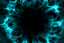 Shockwave Explosion. Light Blue Smoke Effect On Black Background. Glowing Neon Blue Ink Splash. Vibrant Technology Wallpaper. Dark Futuristic Backdrop, Banner. Bright Cyan Blue Burst Texture As Frame
