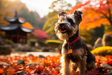 Canvas Print - Small dog standing in field of leaves with pagoda in the background.