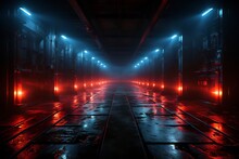 Long Dark Hallway With Red Lights On Either Side Of It.
