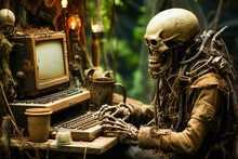 Skeleton Sitting In Front Of Computer With Keyboard.