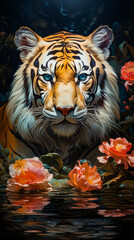 Wall Mural - Image of tiger with blue eyes surrounded by flowers.