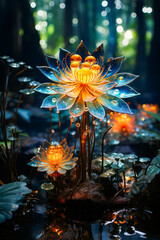 Wall Mural - Lit up flower sitting on top of lush green field.