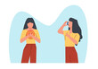 Asthma symptom relief, allergic girl uses asthma inhaler. Chronic sickness, respiratory system disease, medical equipment. Allergy asthmatic person. Cartoon flat style vector concept
