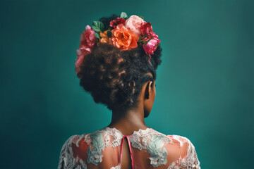 Elegant wedding bridal hairstyle with flowers. 