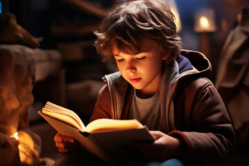 Young boy reading book in dark room with candles.