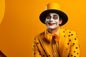 Poster - Man in yellow suit and clown mask on yellow background.