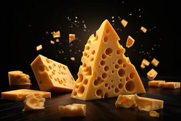 Delicious pieces of luxury cheese with holes, flowing on dark  background. Generative Ai.