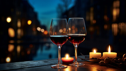 Wall Mural - two pairs of glasses of red wine, lights and candles in the background.