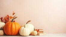 Fall Themed Mockup With Pumpkins Dried Grass Pastel Background And Copy Space