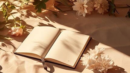 Fototapete - Mock up of a magazine pen and floral shadows on a beige background with empty area. Mockup image