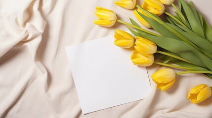 Fototapete - Minimalist business brand template with blank cards yellow tulip bouquet and crumpled linen background Top down view. Mockup image