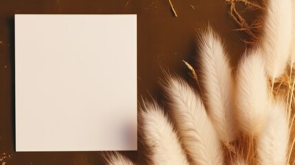 Poster - Minimal business brand template with blank paper sheet cards and fluffy dried pampas grass on a dark background Flat lay top view . Mockup image