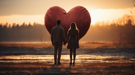 Sticker - Faceless Young couple holding hands with a large heart behind them