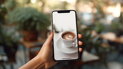 Aufkleber - A girl at a summer cafe uses a smartphone and drinks coffee. Mockup image