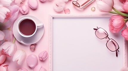Aufkleber - Pink themed accessories and treats for girls gatherings including watches glasses hairpins pen macaroons and a frame for mockup of copy space