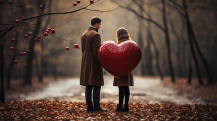 Canvas Print - Faceless Young couple holding hands with a large heart behind them