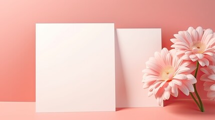 Poster - Minimal business brand template featuring gerber flowers and aesthetic sunlight shadows on a pink background. Mockup image