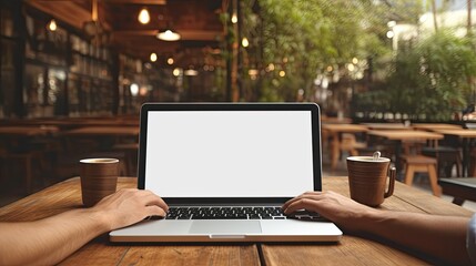 Poster - A photo of a hand using a laptop with a blank screen on a wooden table in a cafe. Mockup image