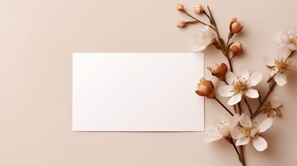 Poster - Neutral beige background with empty card envelope and flowers ideal for wedding invitations or greeting cards . Mockup image