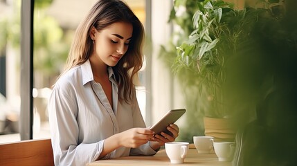 Poster - A girl at a summer cafe uses a smartphone and drinks coffee . Mockup image