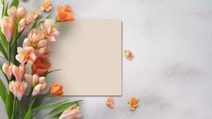 Fototapete - Mockup of a greeting card with flowers and envelope on a concrete background suitable for branding and advertising