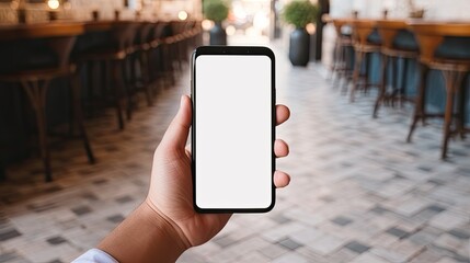 Poster - Relaxed person with white canvas shoes holding blank mobile phone in vintage caf . Mockup image