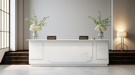 Aufkleber - White and plain surface at reception area for branding purposes in a hotel s indoor registration desk table. Mockup image
