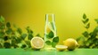 Minimal presentation of lemon product with unlabeled glass bottle on green background decorated with glass ball and fresh lemon Copy space available. Mockup image