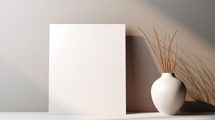 Canvas Print - Minimal business brand template with blank card and tan glass vase on white background. Mockup image