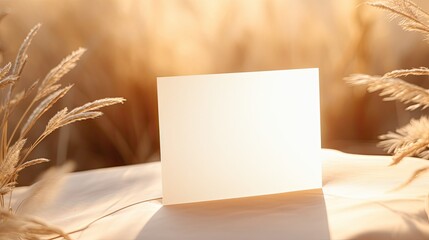 Poster - Blank mockup copy space on gold silk cloth with dried grass Sunlight shadow silhouette Elegant minimal template for invitations or business cards