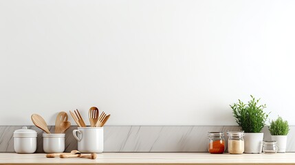 Aufkleber - A modern kitchen backdrop with utensils on white counter and space for text. Mockup image