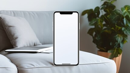 Poster - White empty space on a cell phone screen being used by a man on a sofa at home. Mockup image