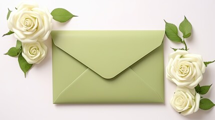Poster - Rose flowers on white background with green envelope and copy space. Mockup image