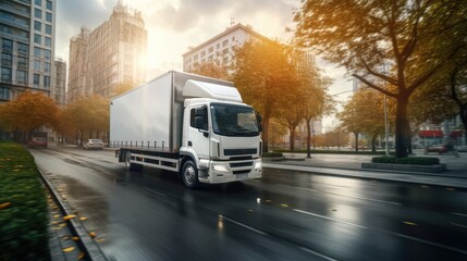 Poster - Fast delivery of goods by a white truck from a logistics company on a city road with the truck moving quickly on the avenue to distribute items for a postal serv. Mockup image