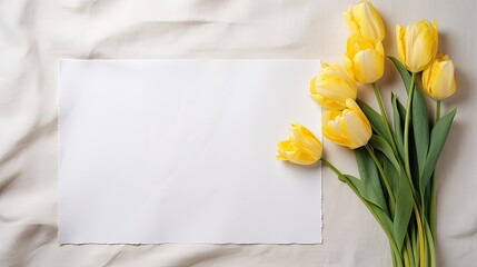 Fototapete - Minimalist business brand template with blank cards yellow tulip bouquet and crumpled linen background Top down view. Mockup image