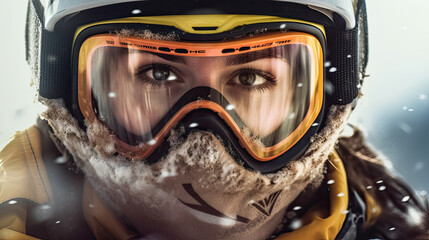 Happy smiling female snowboarder wearing a helmet and ski googles with reflection of snow-capped Alps. Close up portrait cheerful woman on ski vacation. Copy space