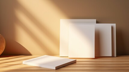 Poster - Minimal business brand template with blank cards and wooden tray on beige background . Mockup image