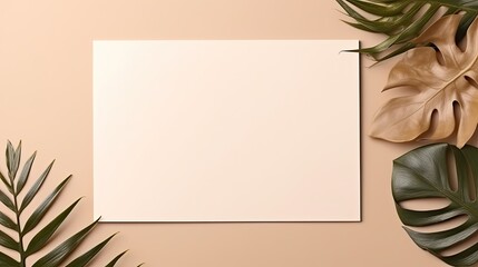 Poster - Top view of card mockup with copy space greetings wedding invitations blank paper sheet dry palm leaf on beige background