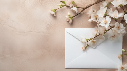 Wall Mural - Minimal wedding and birthday invitation template on textile background with envelope and floral branch Top view. Mockup image