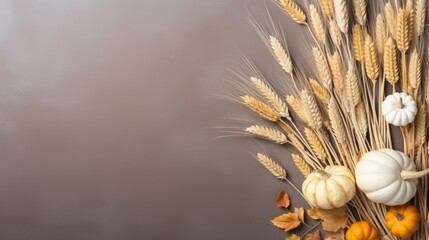 Poster - Miniature pumpkins and dried grass in autumnal or holiday themed arrangement Blank space for text Overhead view. Mockup image