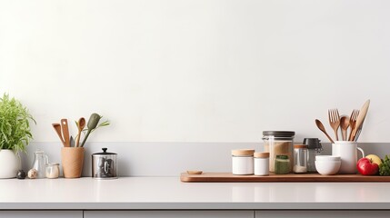 Poster - A modern kitchen backdrop with utensils on white counter and space for text . Mockup image
