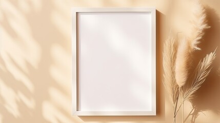 Poster - Top view flat lay mockup with blank photo frame dried pampas grass and pastel background for logo or text placement