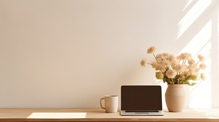 Sticker - Blank screen laptop mockup vase of dried flowers on wooden table sun light shadows on white wall business brand template