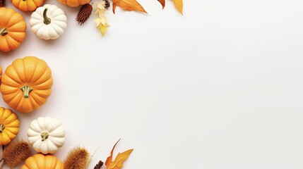 Poster - Miniature pumpkins and dried grass in autumnal or holiday themed arrangement Blank space for text Overhead view. Mockup image