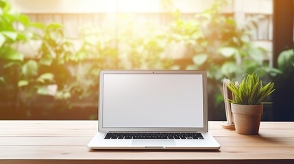 Aufkleber - Empty laptop screen on desk symbolizing work or study from home concept . Mockup image